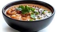 Creamy tomato soup with fresh herbs and seeds in black bowl on white background. Comfort food for restaurants, menus, cooking blogs and healthy eating.