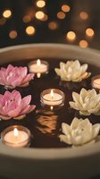 Floating lotus flowers and candles in water bowl create peaceful spa atmosphere with warm bokeh lights for meditation and wellness rituals.
