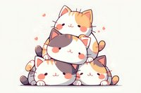 Adorable stack of cartoon cats with different colors sitting together in cute pile. Kawaii style feline characters with sweet expressions on soft background.