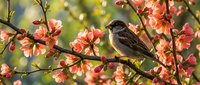 Small sparrow perched on flowering quince branch with coral pink blossoms in spring garden setting for nature and wildlife photography projects.