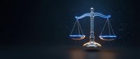 Digital scales of justice glowing with blue light on dark background representing legal system, law, court proceedings, and judicial balance in modern technology.