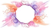 Decorative floral frame with swirls and flourishes in pink purple orange watercolor splashes isolated on white background for wedding invitations greeting cards.