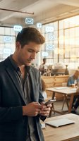 Young businessman using smartphone with social media icons floating around him in modern office workspace for digital communication and networking.