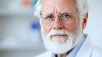 Senior male medical professional with white beard and glasses wearing lab coat looking confidently at camera against blurred hospital background.