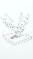 Chef hands slicing fresh mushrooms on cutting board with knife in continuous line art style for culinary design and cooking illustrations.