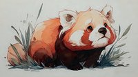 Adorable red panda with fluffy orange and white fur resting among green foliage, cute wildlife animal illustration for nature and conservation themes.