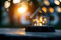 Glass house model on wooden surface with warm bokeh lights creating cozy home atmosphere for real estate and property investment concepts.