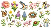 Spring garden collection featuring isolated botanical illustrations including blooming roses, tulips, hyacinths, wildflowers, butterfly, hummingbird, bee, bird nest with eggs and watering can on white background. Ready for design projects.
