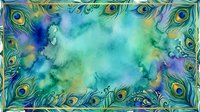 Watercolor peacock feather frame with teal, blue, and gold tones on a soft textured background, perfect for cards and invitations.