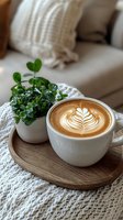Cappuccino with latte art leaf design served on wooden tray with small green plant in white pot, placed on cozy knitted throw blanket. Hygge coffee moment.