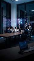 Business team analyzing holographic data projections in modern conference room with digital technology interface for corporate strategy meeting.