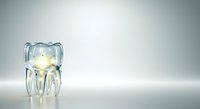 Transparent tooth-shaped glass structure with golden liquid inside, isolated on white background. Suitable for dental, medical, and healthcare design projects.
