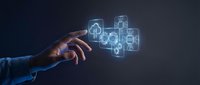 Hand touching glowing digital healthcare icons with medical symbols, telemedicine technology concept for modern medicine and digital health solutions.