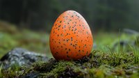 Orange speckled egg nestled in green moss against natural forest background, creating mystical Easter or spring nature composition. Selective focus macro shot.