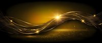 Abstract golden light waves flowing across dark background with glowing particles and luminous streaks creating dynamic energy motion for digital art projects.