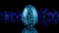 Glowing blue digital fingerprint with circuit board patterns on dark background for cybersecurity and biometric authentication technology concepts.