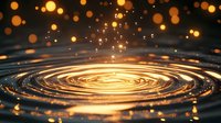 Mesmerizing golden ripples on water surface with magical bokeh lights and sparkles creating spiral pattern, abstract background for meditation and wellness.