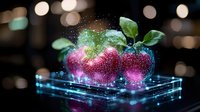 Fresh red apples with green leaves on glowing glass surface against dark background with bokeh lights and magical sparkle effects, creative food photography.