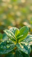 Fresh green leaves with morning dew drops in soft natural sunlight creating bokeh background for organic gardening and nature concepts.