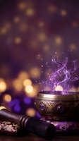 Mystical singing bowl with purple magical energy and sparks rising from ornate bronze vessel with wooden mallet on decorative fabric against bokeh lights.