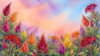 Vibrant watercolor celosia flowers in red, orange, purple and yellow bloom against a warm sunset sky background.