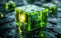 Glowing green translucent cube with water drops on dark surface, mysterious sci-fi atmosphere with bokeh light effects and reflections creates futuristic mood.