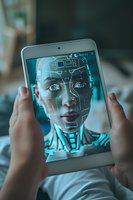 Digital tablet screen displaying futuristic artificial intelligence interface with facial recognition grid and cybernetic overlay in neon blue tones.