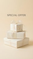 Three stacked white gift boxes with ribbon bow on beige background, special offer text, elegant holiday sale promotion template.