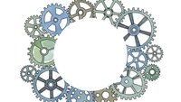 Mechanical gears and cogs arranged in circular frame on white background. Industrial machinery parts for engineering and technology designs.