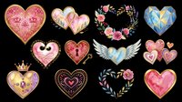 Romantic heart shapes collection with ornate gold details, floral wreaths, and wings isolated on transparent background. Ready for t-shirt designs, stickers, clipart, sublimation, print-on-demand products, and digital crafts.