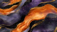 Abstract cosmic background with flowing orange and gold waves against deep purple galaxy space with glowing stars and nebula effects. Luxury marble texture design.