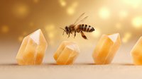 Honey bee flying over yellow citrine crystals on golden bokeh background, magical nature concept for wellness and alternative medicine practices.