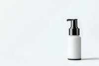 White cosmetic pump bottle with black dispenser on light background, minimalist beauty product packaging mockup for skincare and personal care designs.