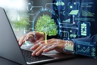 Hands typing on laptop with holographic green tree and digital sustainability icons representing eco-friendly technology and environmental innovation.