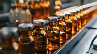 Amber glass medicine vials on pharmaceutical production line conveyor belt with warm backlighting, manufacturing quality control process in modern facility.