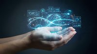 Digital technology hologram floating above open palm with glowing network connections and data visualization elements for business innovation concepts.
