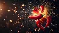 Red hot chili peppers exploding with spice particles and dramatic lighting against dark background, creating dynamic food photography composition.