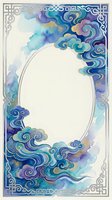 Watercolor oriental frame with blue clouds and golden accents, oval copy space, silver border, Asian style decorative card template.