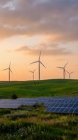 Wind turbines and solar panels in green field at sunset showcasing renewable energy technology and sustainable power generation for environmental projects.