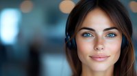 Young Caucasian woman with blue eyes wearing headset in modern office environment for customer service and business communication.