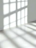 Empty white room interior with natural window light casting geometric shadows on wall and floor for modern minimalist design backgrounds.