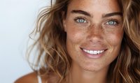 Close up portrait of young Caucasian woman with freckles, blue eyes and natural wavy blonde hair smiling at camera against white background. Fresh natural beauty concept.