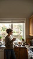 Middle-aged Caucasian woman enjoying morning coffee in cozy kitchen with natural light streaming through window, wooden cabinets and plants creating warm atmosphere.