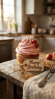 Strawberry cupcake with pink frosting and Happy Birthday wooden tag on rustic table, warm kitchen background, cozy celebration concept.