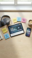 Digital marketing fundamentals course displayed on tablet with headphones, smartphone, coffee cup, and colorful sticky notes on wooden desk for online learning and education.