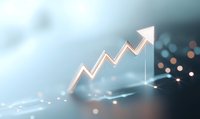 Glowing upward arrow chart showing growth trend on soft blue background with bokeh lights, representing business success and financial progress.