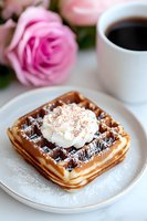 Fresh Belgian waffle topped with whipped cream and cocoa powder on white plate, served with black coffee and pink rose for romantic breakfast setting.