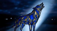 Geometric low poly wolf howling at moon with blue and gold polygonal design against dark night sky with dramatic lighting effects.