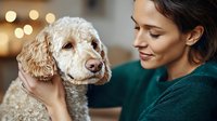 Young Caucasian woman in green sweater gently holding and bonding with golden doodle dog at home, warm bokeh lights in background creating cozy atmosphere.