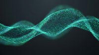 Glowing turquoise particle wave flowing across dark background, representing data stream, digital transformation, technology innovation, and futuristic motion graphics for tech presentations.